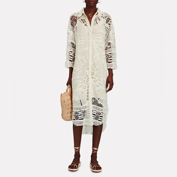 Farm Rio Guipure Ivory Lace Crochet Midi Shirt Dress Swim Coverup Women’s Small - Picture 1 of 9